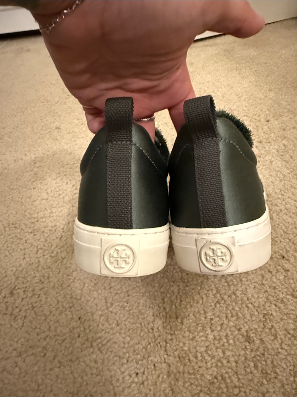 Tory Burch Olive Green Pom-Pom Slip-On Sneakers with White Sole NWOT - Picture 2 of 5